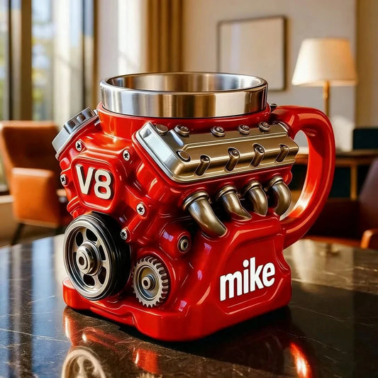 Koffiemok met motorthema, realistische V8-motor roestvrijstalen mok