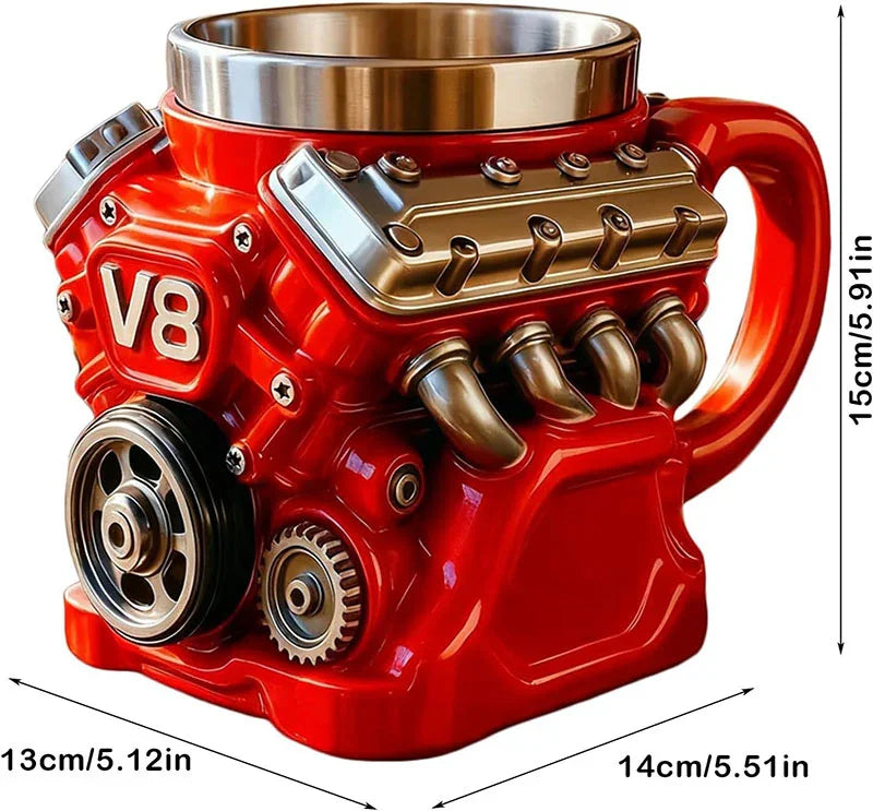 Koffiemok met motorthema, realistische V8-motor roestvrijstalen mok