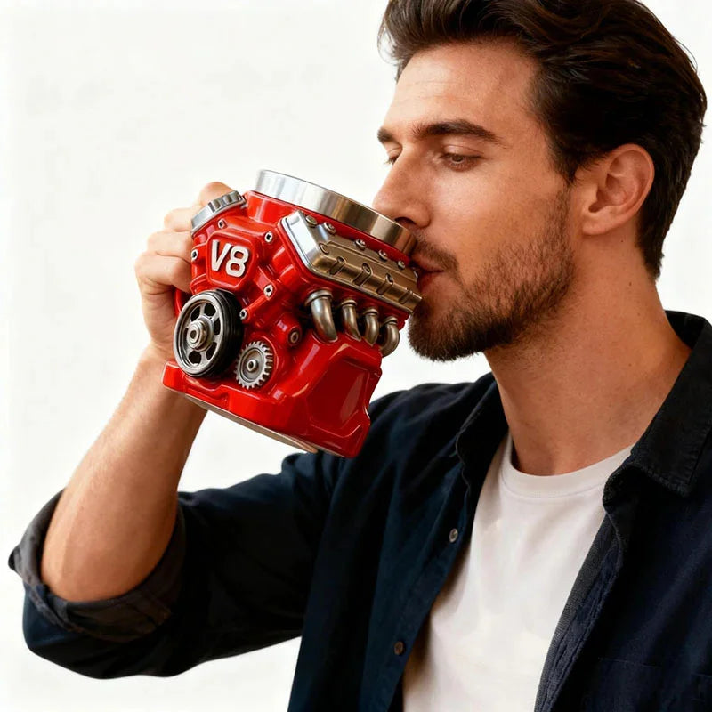 Koffiemok met motorthema, realistische V8-motor roestvrijstalen mok