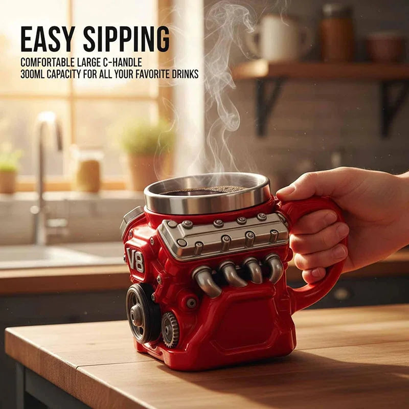 Koffiemok met motorthema, realistische V8-motor roestvrijstalen mok