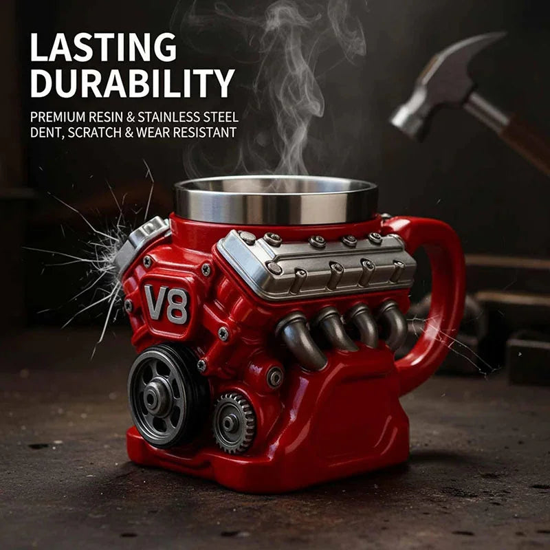 Koffiemok met motorthema, realistische V8-motor roestvrijstalen mok