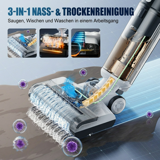 Nass- und Trockenstaubsauger Selbstreinigend Kabellos Bodenreiniger Leichter Mopp für Hartböden Tierhaare Essensreste Rundum-Reinigung ohne Auslass